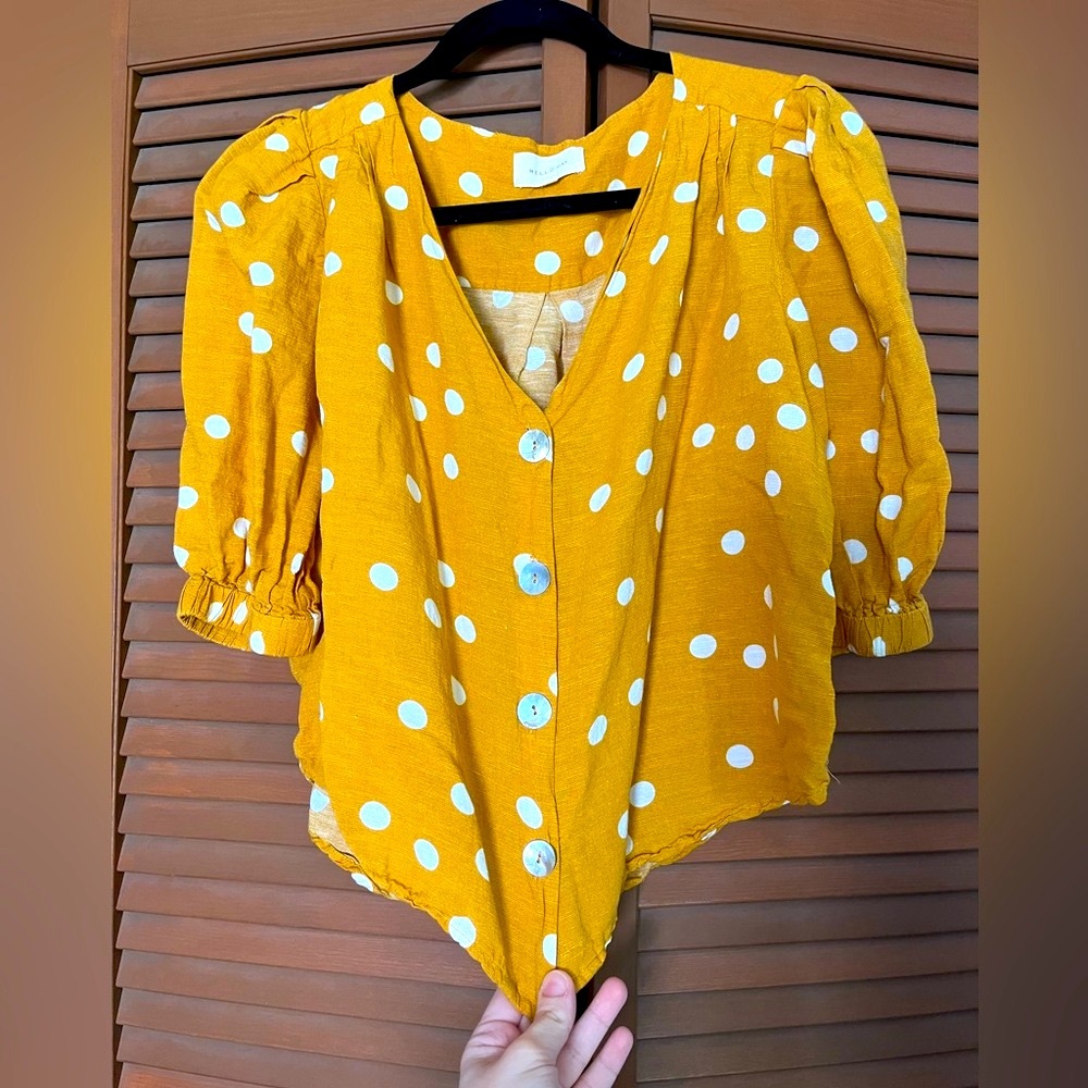 MELLODAY Yellow Puff Polka Dot Sleeve Blouse with 3/4 Sleeves